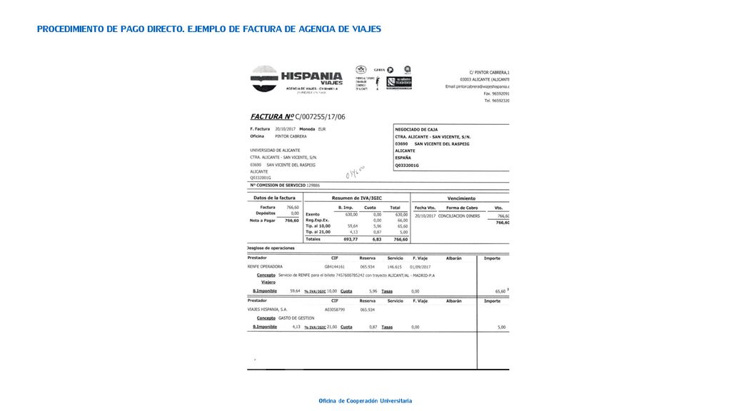 PROCEDIMIENTO DE PAGO DIRECTO. EJEMPLO DE FACTURA DE AGENCIA DE VIAJES