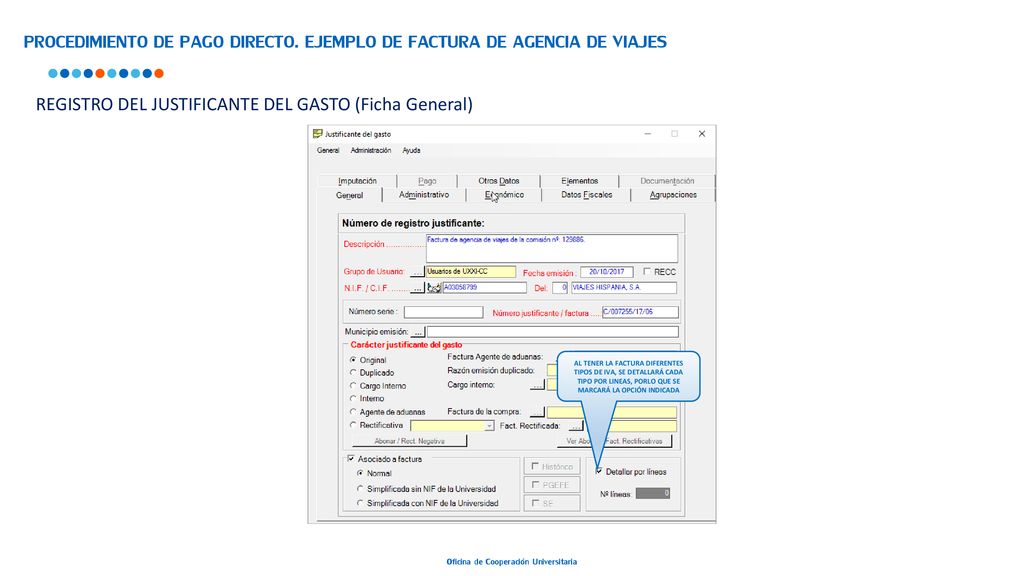 PROCEDIMIENTO DE PAGO DIRECTO. EJEMPLO DE FACTURA DE AGENCIA DE VIAJES