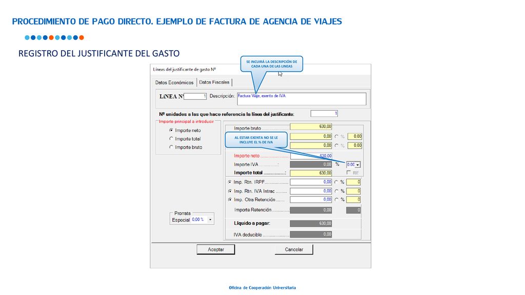 PROCEDIMIENTO DE PAGO DIRECTO. EJEMPLO DE FACTURA DE AGENCIA DE VIAJES