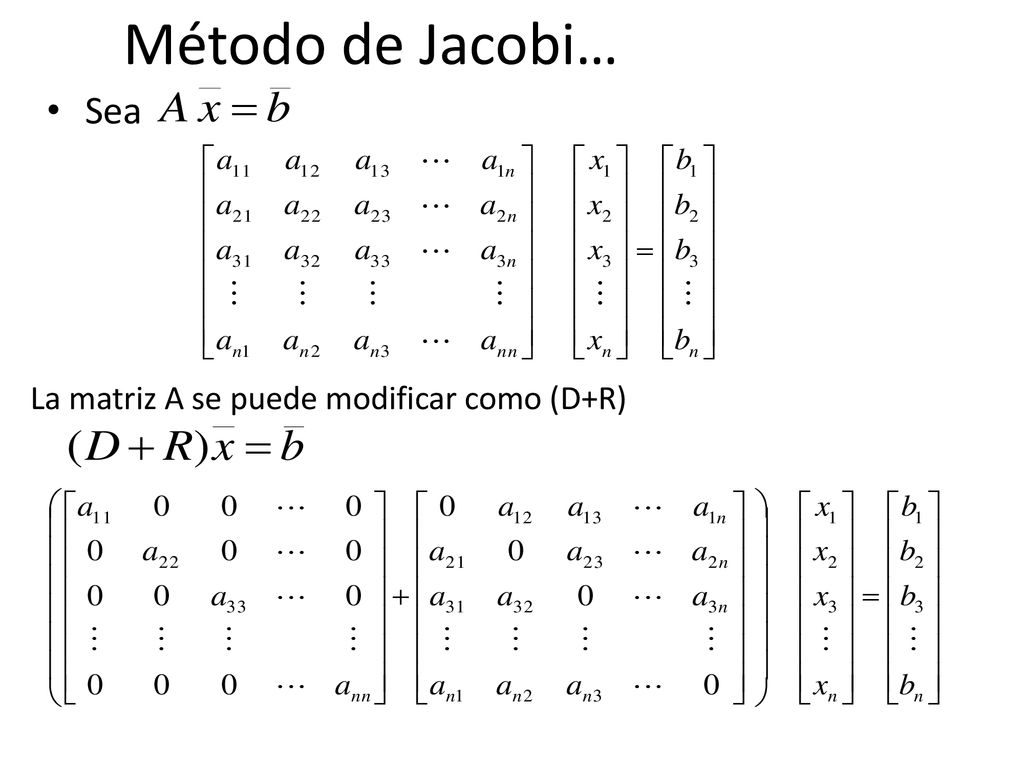 Método de Jacobi… Sea La matriz A se puede modificar como (D+R)