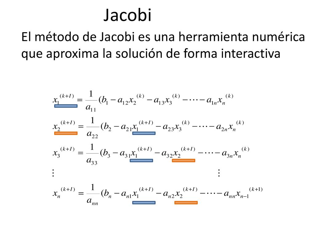 Jacobi El método de Jacobi es una herramienta numérica que aproxima la solución de forma interactiva.