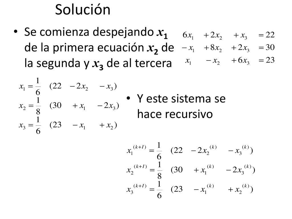 Solución Se comienza despejando x1 de la primera ecuación x2 de la segunda y x3 de al tercera.