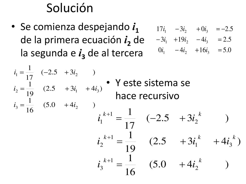 Solución Se comienza despejando i1 de la primera ecuación i2 de la segunda e i3 de al tercera.
