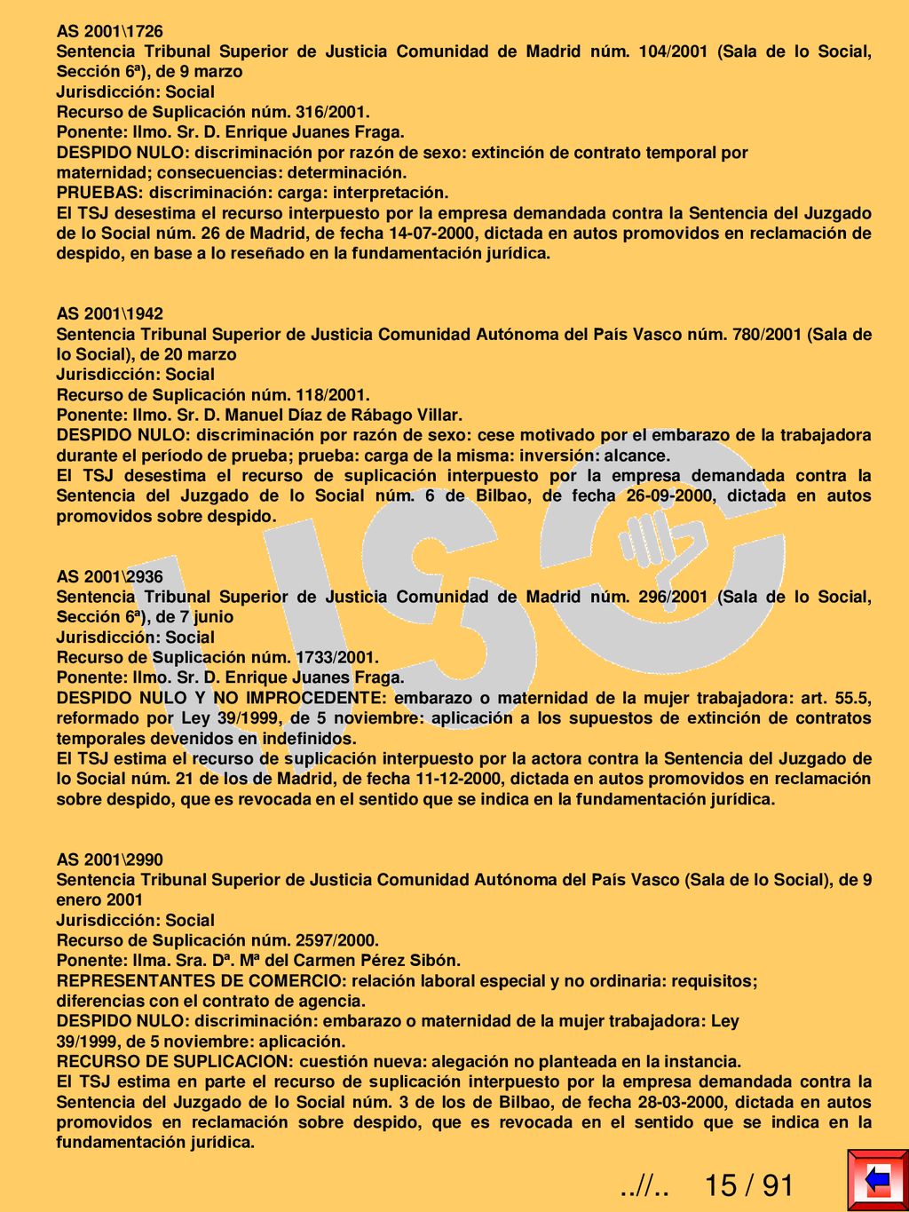 AS 2001\1726 Sentencia Tribunal Superior de Justicia Comunidad de Madrid núm. 104/2001 (Sala de lo Social, Sección 6ª), de 9 marzo.