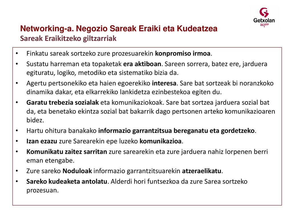 Networking-a. Negozio Sareak Eraiki eta Kudeatzea Sareak Eraikitzeko giltzarriak