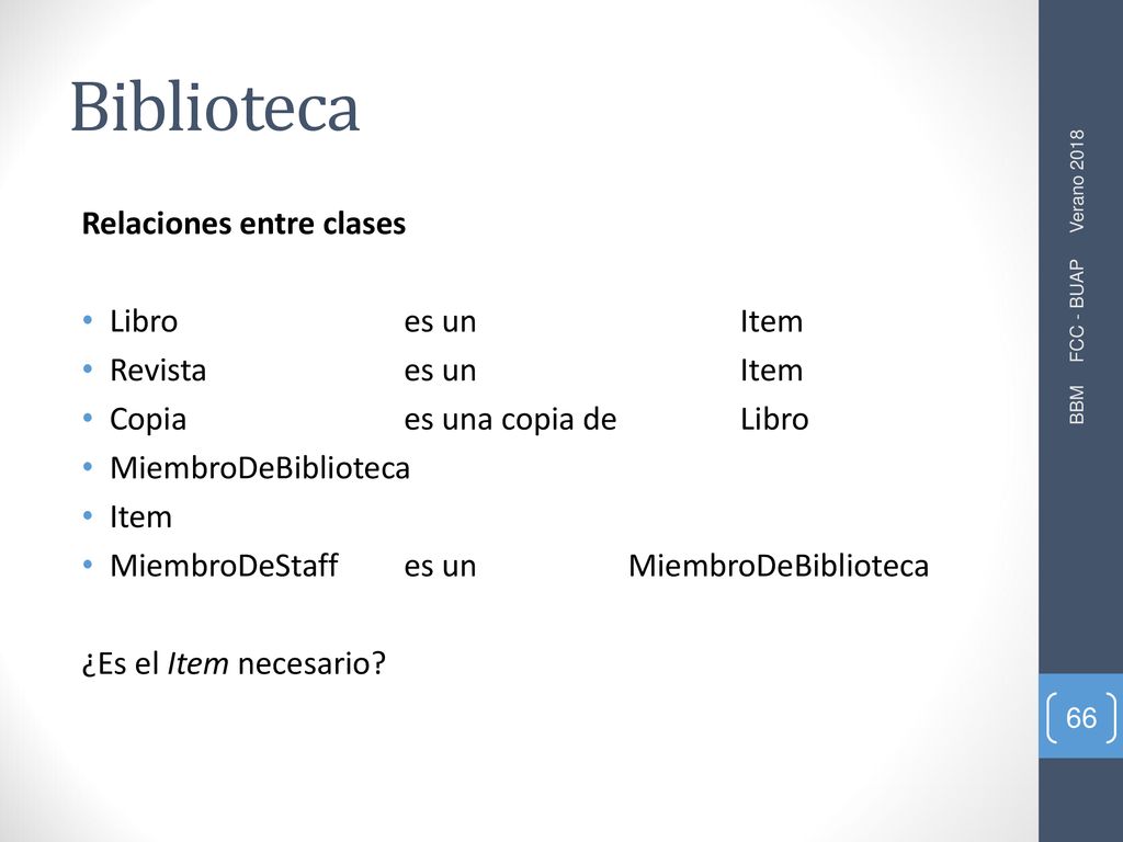 Biblioteca Relaciones entre clases Libro es un Item Revista es un Item