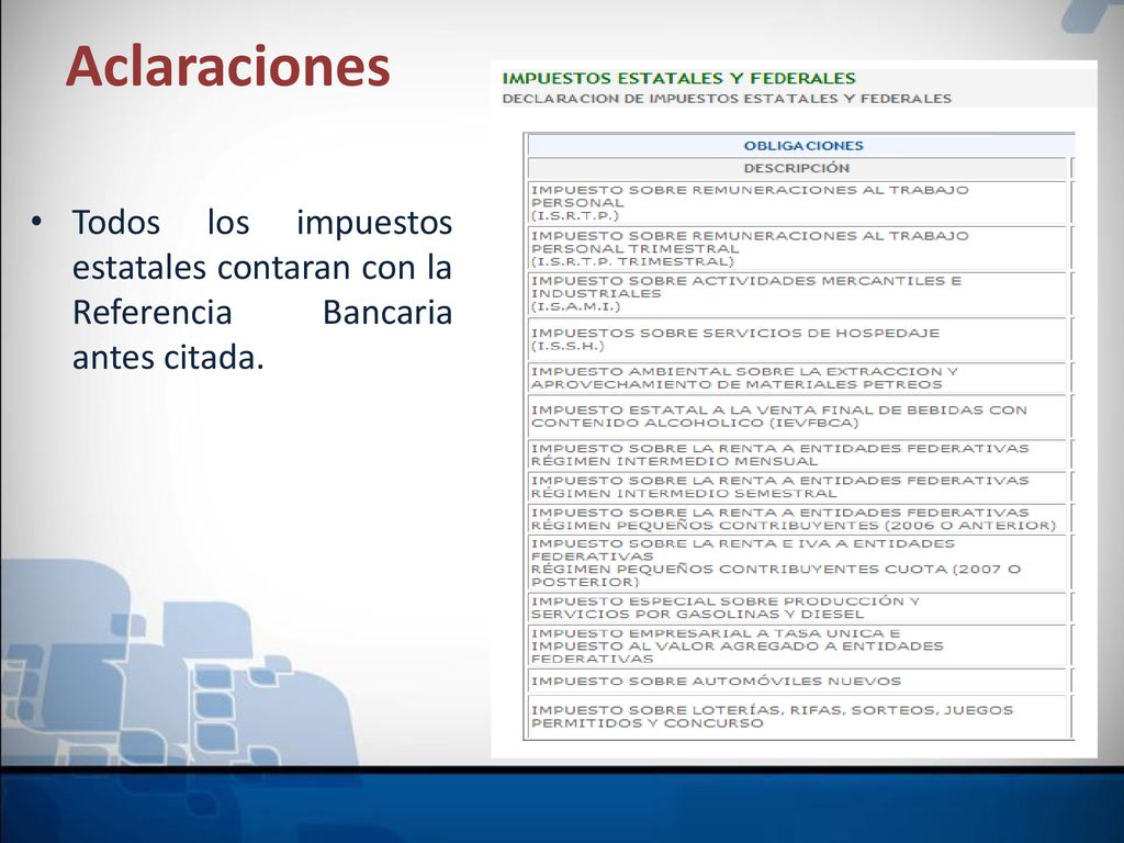 Aclaraciones Todos los impuestos estatales contaran con la Referencia Bancaria antes citada.