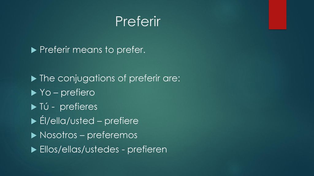 Preferir Preferir means to prefer. The conjugations of preferir are: