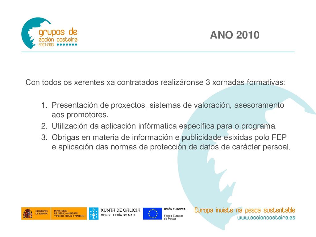 ANO 2010 Con todos os xerentes xa contratados realizáronse 3 xornadas formativas: