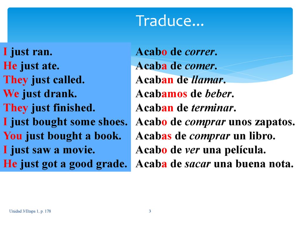 Traduce... I just ran. He just ate. They just called. We just drank.