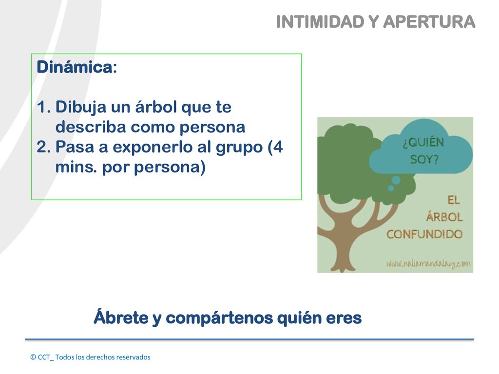 INTIMIDAD Y APERTURA Dinámica: Dibuja un árbol que te describa como persona. Pasa a exponerlo al grupo (4 mins. por persona)