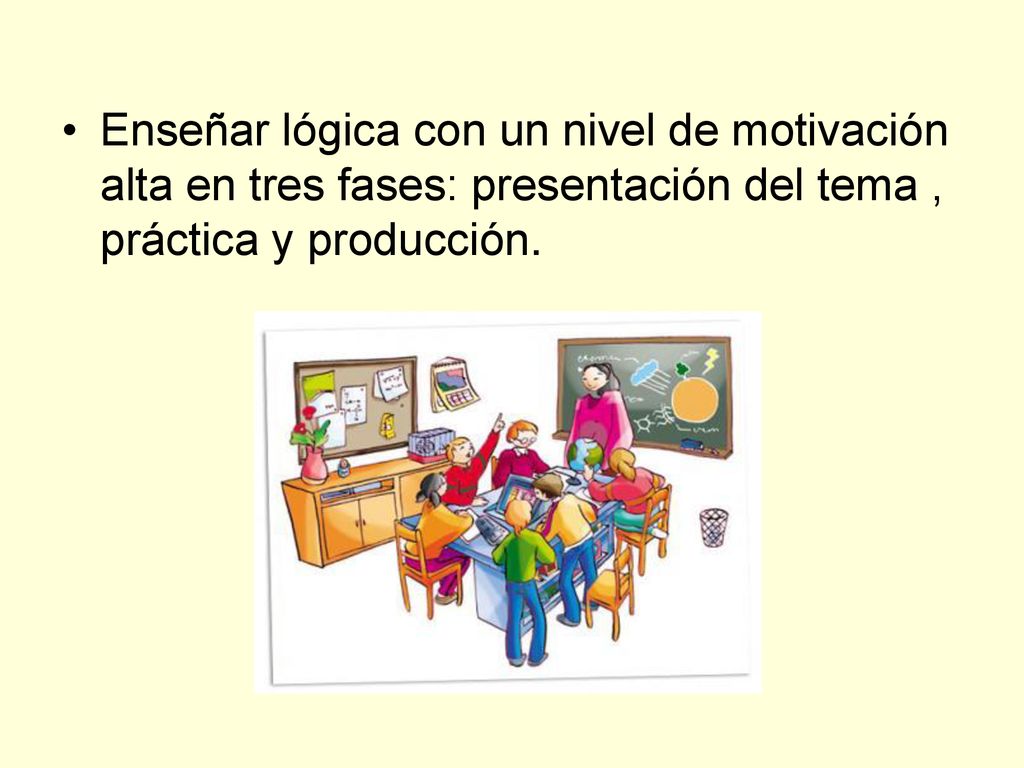 Enseñar lógica con un nivel de motivación alta en tres fases: presentación del tema , práctica y producción.