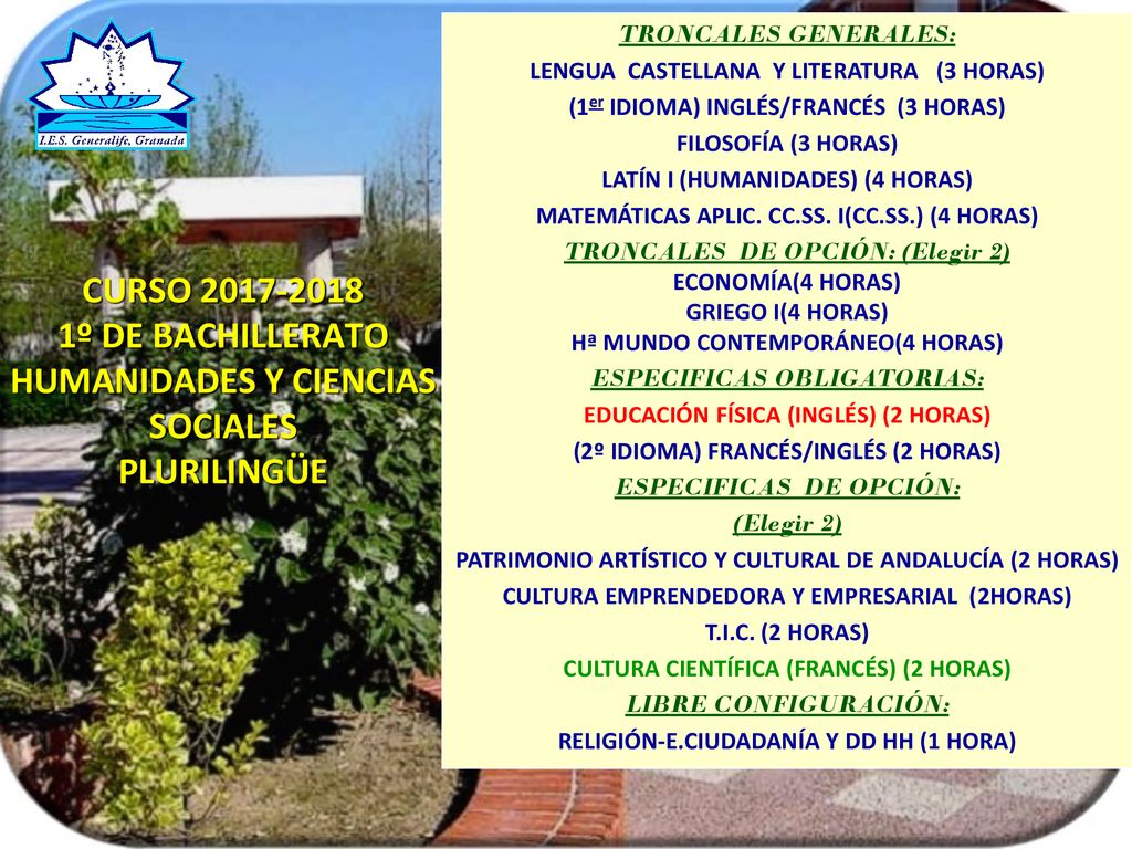 TRONCALES GENERALES: LENGUA CASTELLANA Y LITERATURA (3 HORAS) (1er IDIOMA) INGLÉS/FRANCÉS (3 HORAS)