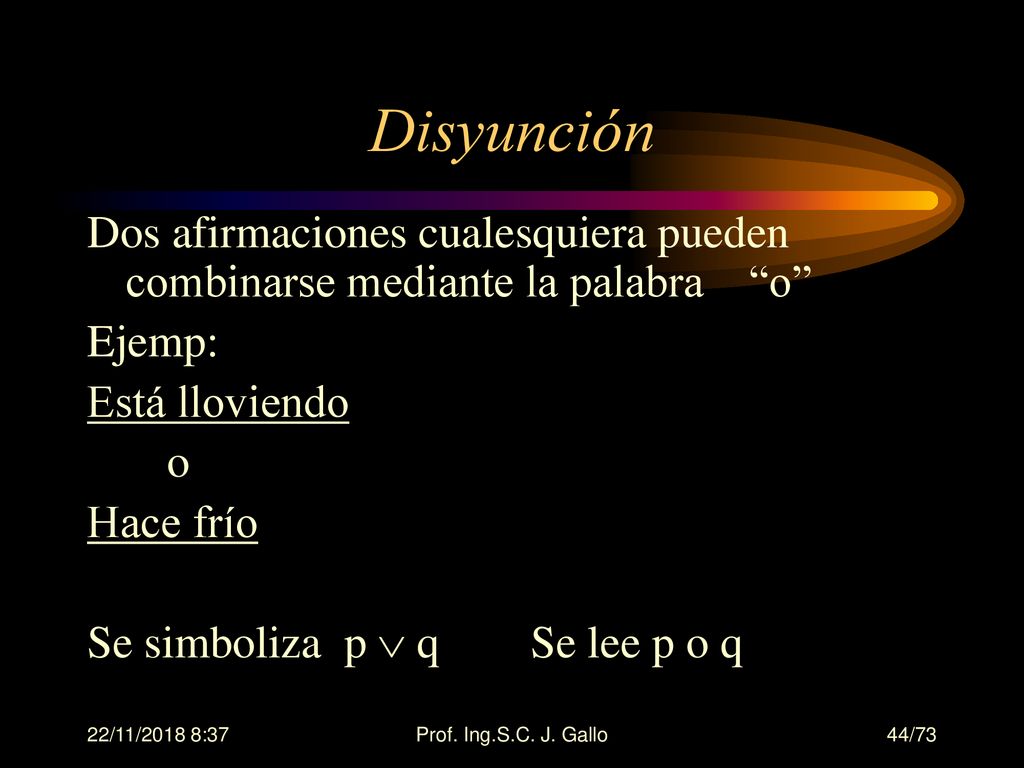 Disyunción Dos afirmaciones cualesquiera pueden combinarse mediante la palabra o Ejemp: Está lloviendo.