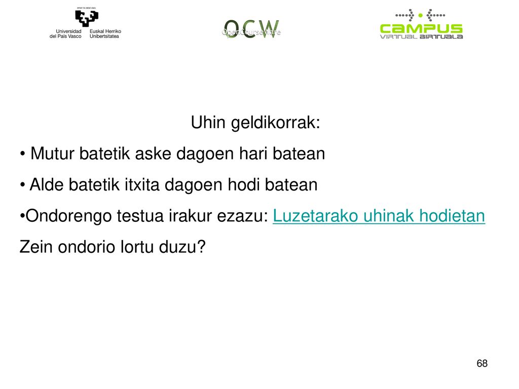 Uhin geldikorrak: Mutur batetik aske dagoen hari batean. Alde batetik itxita dagoen hodi batean.