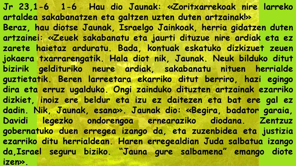 Jr 23, Hau dio Jaunak: «Zoritxarrekoak nire larreko artaldea sakabanatzen eta galtzen uzten duten artzainak!»