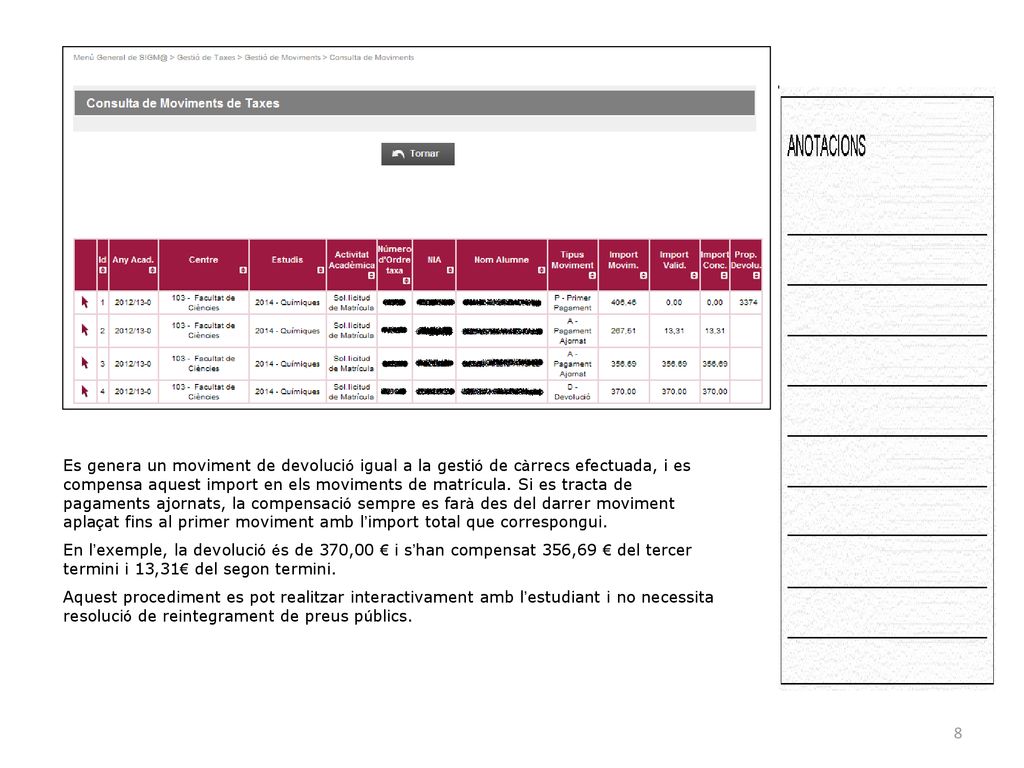 Es genera un moviment de devolució igual a la gestió de càrrecs efectuada, i es compensa aquest import en els moviments de matrícula. Si es tracta de pagaments ajornats, la compensació sempre es farà des del darrer moviment aplaçat fins al primer moviment amb l’import total que correspongui.