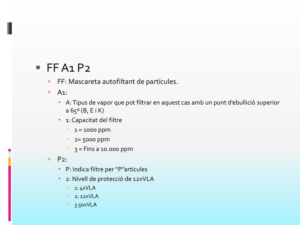 FF A1 P2 FF: Mascareta autofiltant de partícules. A1: P2: