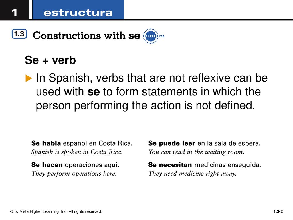 Se + verb In Spanish, verbs that are not reflexive can be used with se to form statements in which the person performing the action is not defined.