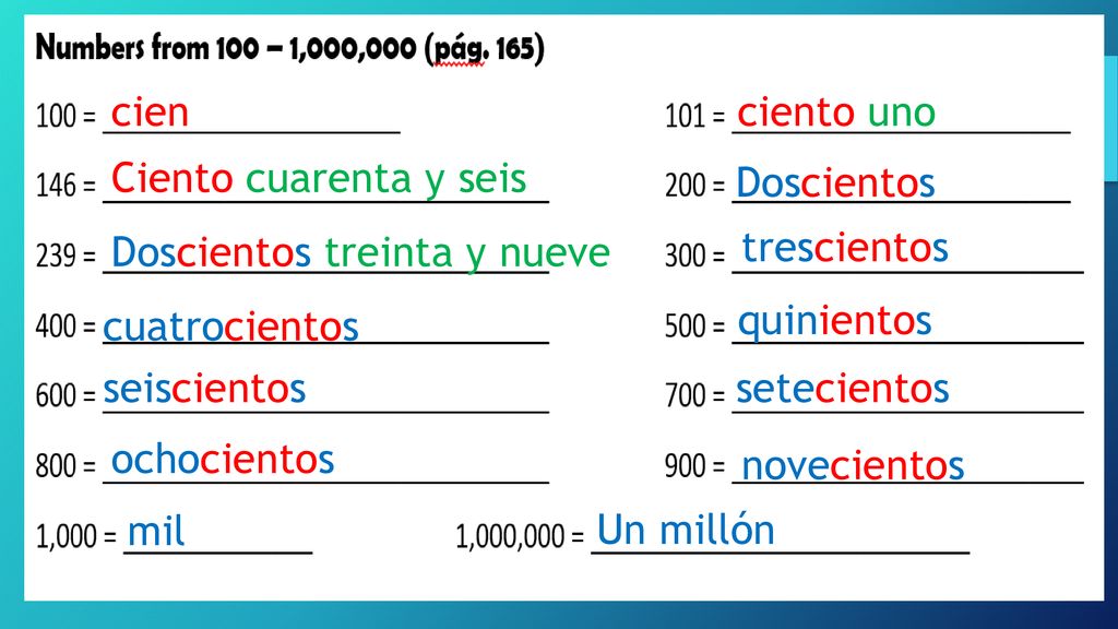 cien ciento uno. Ciento cuarenta y seis. Doscientos. Doscientos treinta y nueve. trescientos. quinientos.