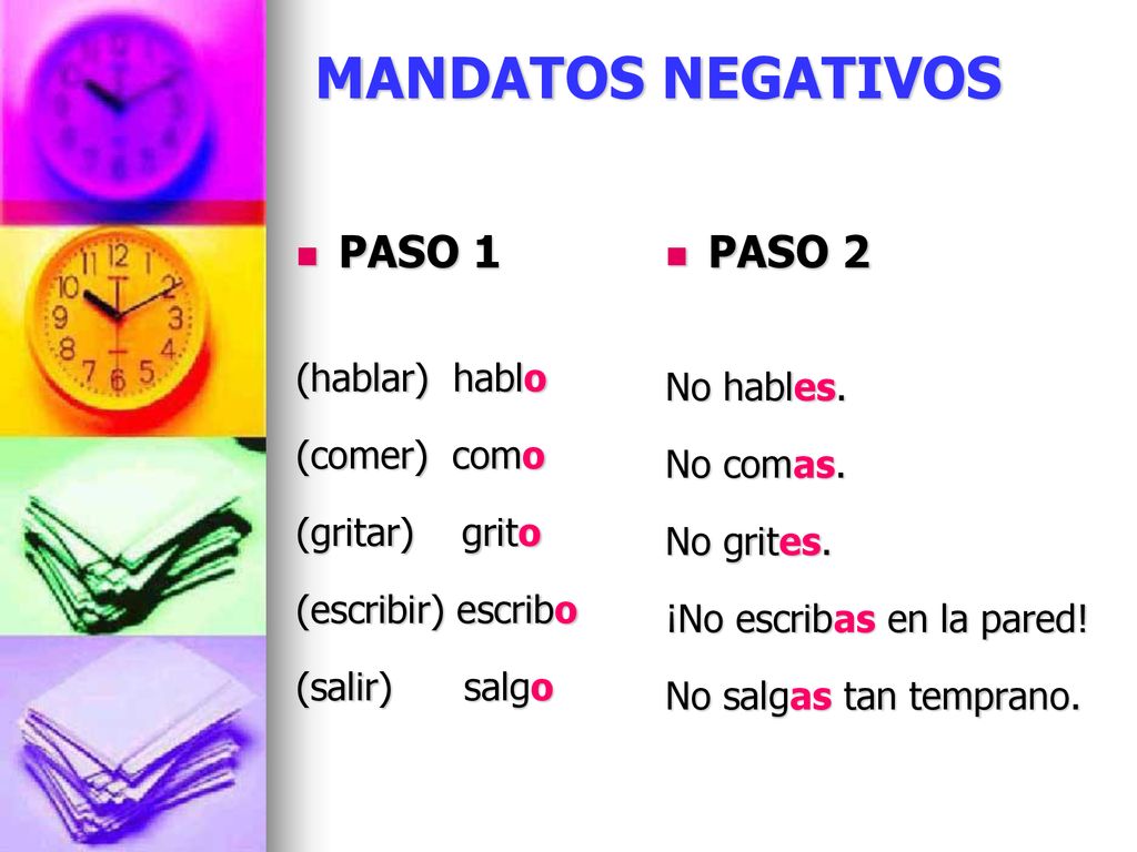 MANDATOS NEGATIVOS PASO 1 PASO 2 (hablar) hablo No hables.