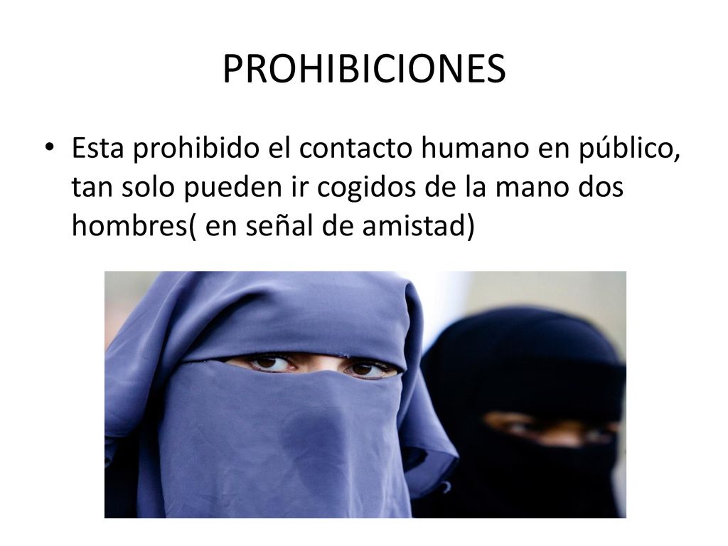 PROHIBICIONES Esta prohibido el contacto humano en público, tan solo pueden ir cogidos de la mano dos hombres( en señal de amistad)