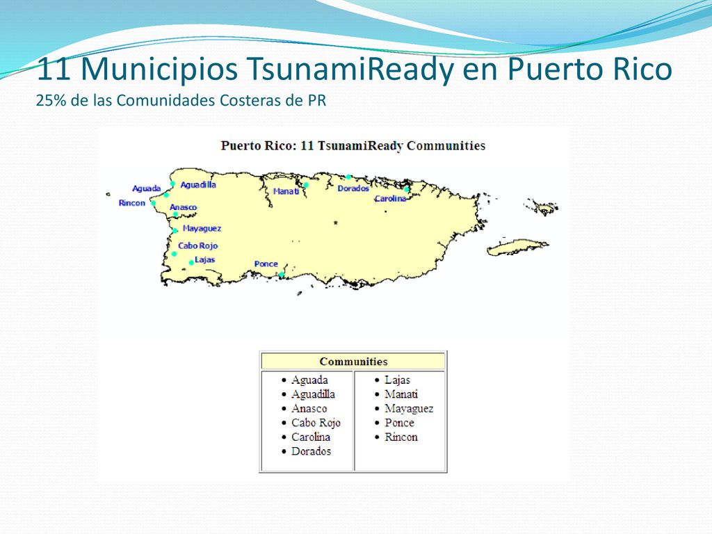 11 Municipios TsunamiReady en Puerto Rico 25% de las Comunidades Costeras de PR