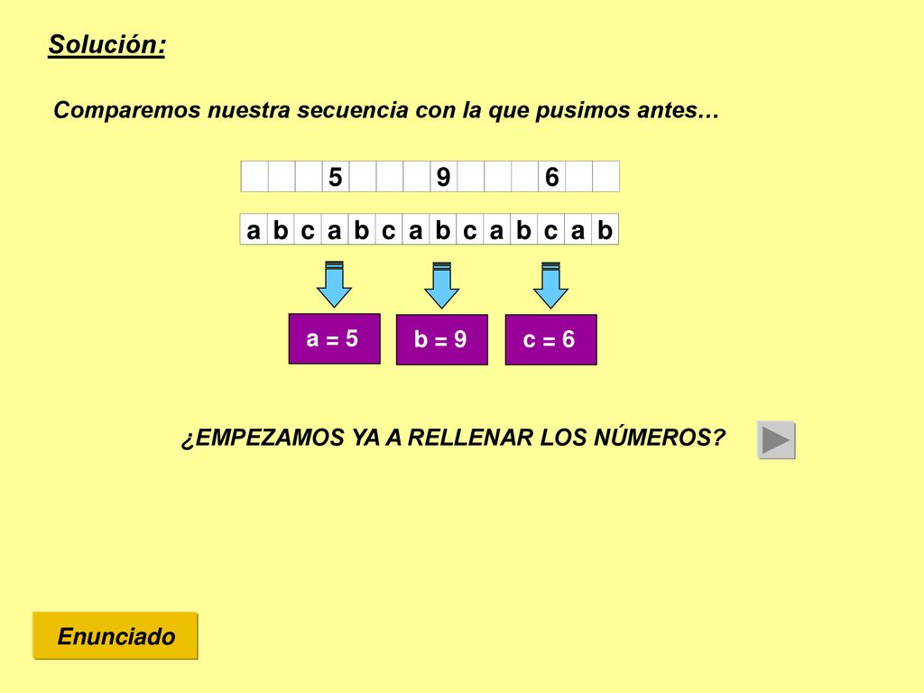 Solución: Comparemos nuestra secuencia con la que pusimos antes… a. b. c. a = 5. b = 9.