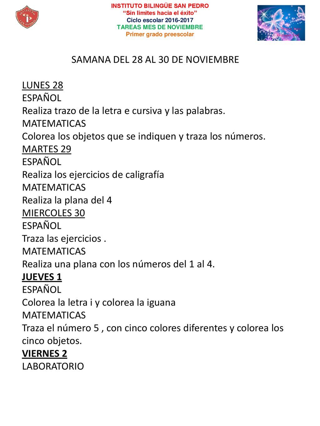 SAMANA DEL 28 AL 30 DE NOVIEMBRE LUNES 28 ESPAÑOL