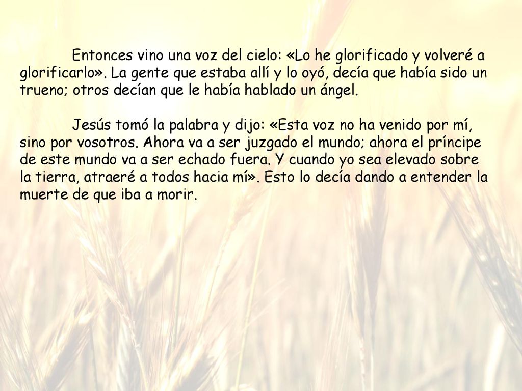 Entonces vino una voz del cielo: «Lo he glorificado y volveré a glorificarlo». La gente que estaba allí y lo oyó, decía que había sido un trueno; otros decían que le había hablado un ángel.