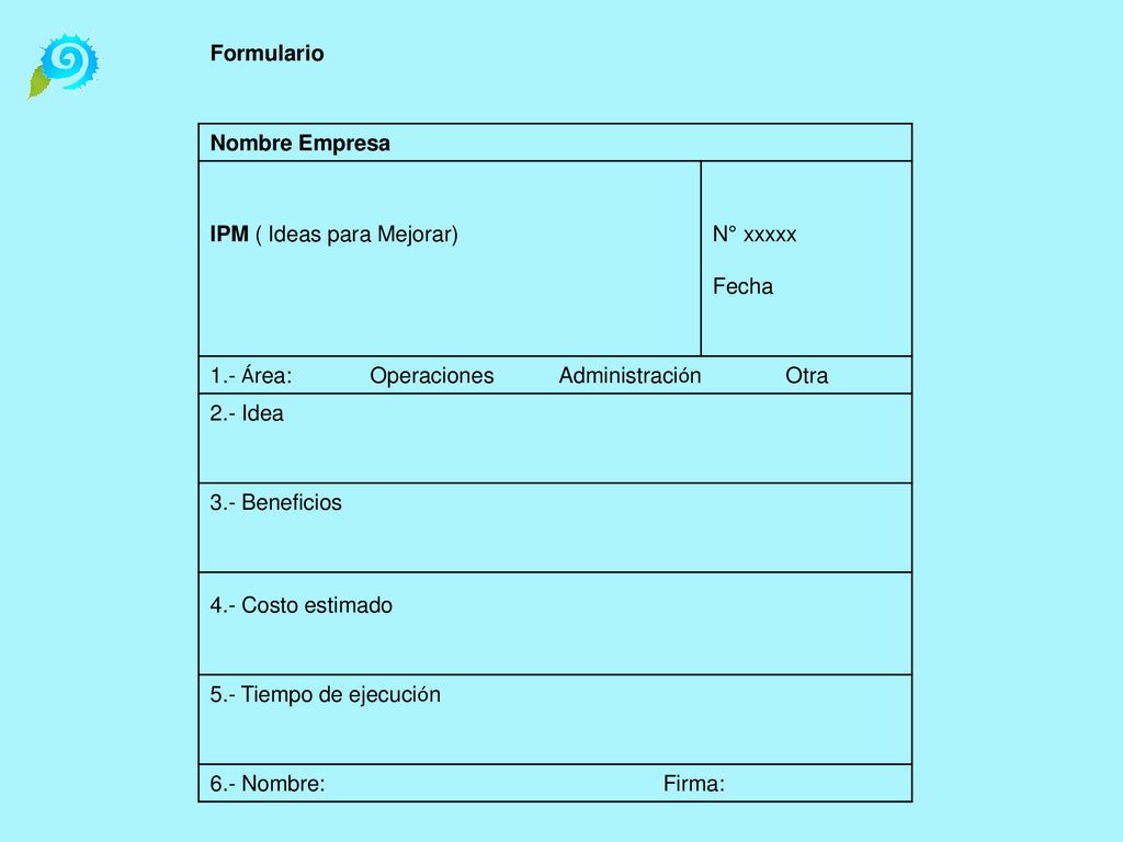 Formulario Nombre Empresa. IPM ( Ideas para Mejorar) N° xxxxx. Fecha.