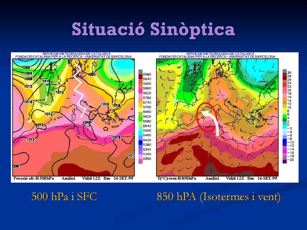 Situació Sinòptica 500 hPa i SFC 850 hPA (Isotermes i vent)
