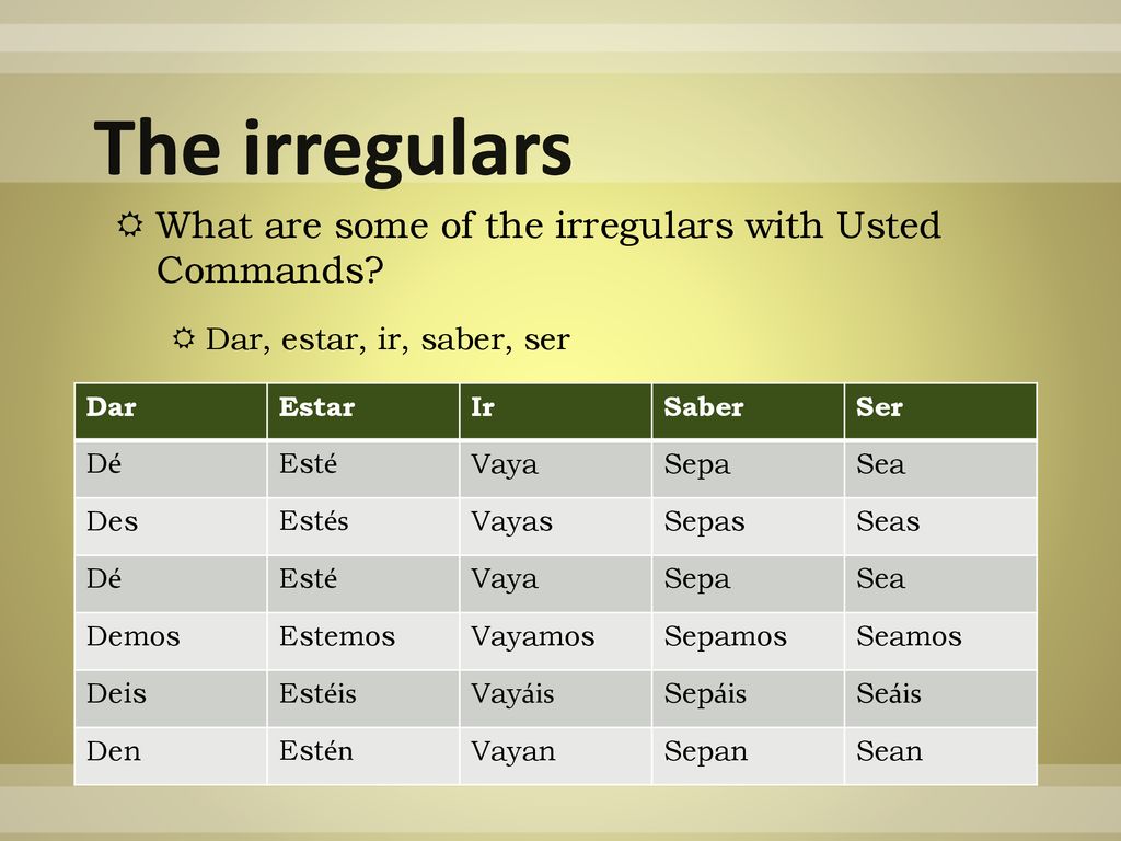 The irregulars What are some of the irregulars with Usted Commands