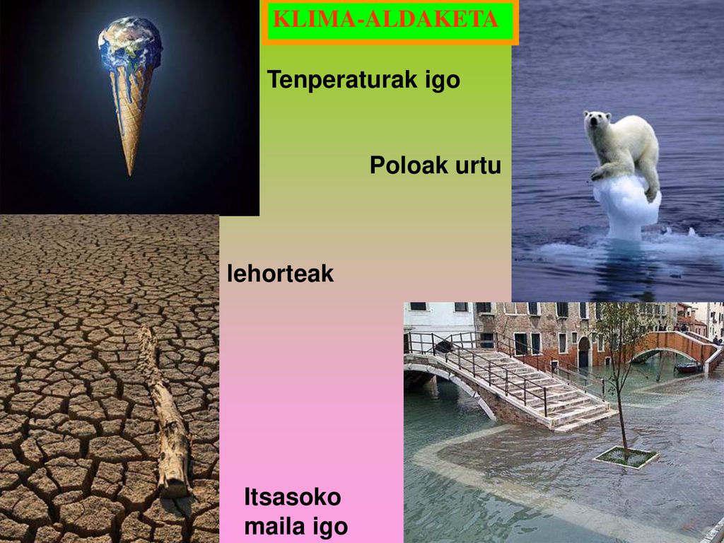 KLIMA-ALDAKETA Tenperaturak igo Poloak urtu lehorteak Itsasoko maila igo