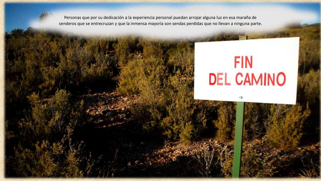 Personas que por su dedicación a la experien­cia personal puedan arrojar alguna luz en esa maraña de senderos que se entrecruzan y que la inmensa mayoría son sendas perdidas que no llevan a ninguna parte.