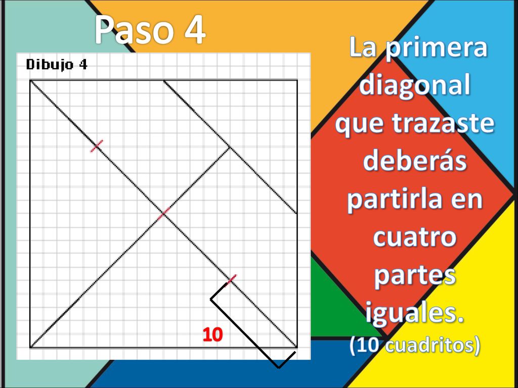 Paso 4 La primera diagonal que trazaste deberás partirla en cuatro partes iguales. (10 cuadritos)