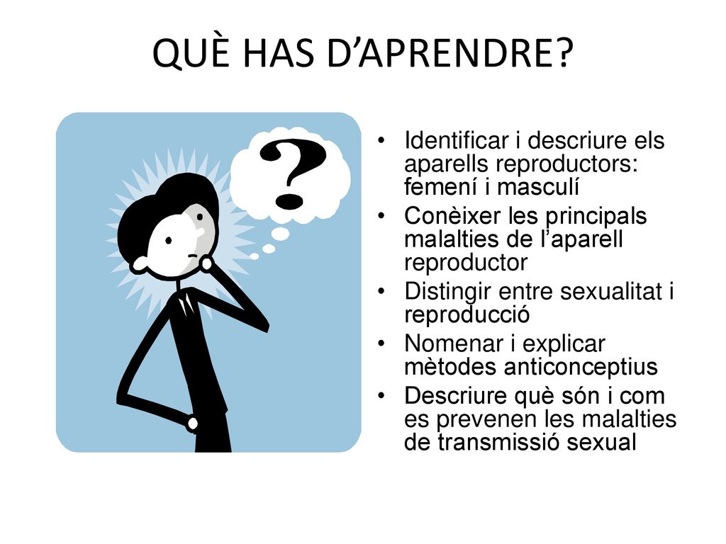 QUÈ HAS D’APRENDRE Identificar i descriure els aparells reproductors: femení i masculí. Conèixer les principals malalties de l’aparell reproductor.