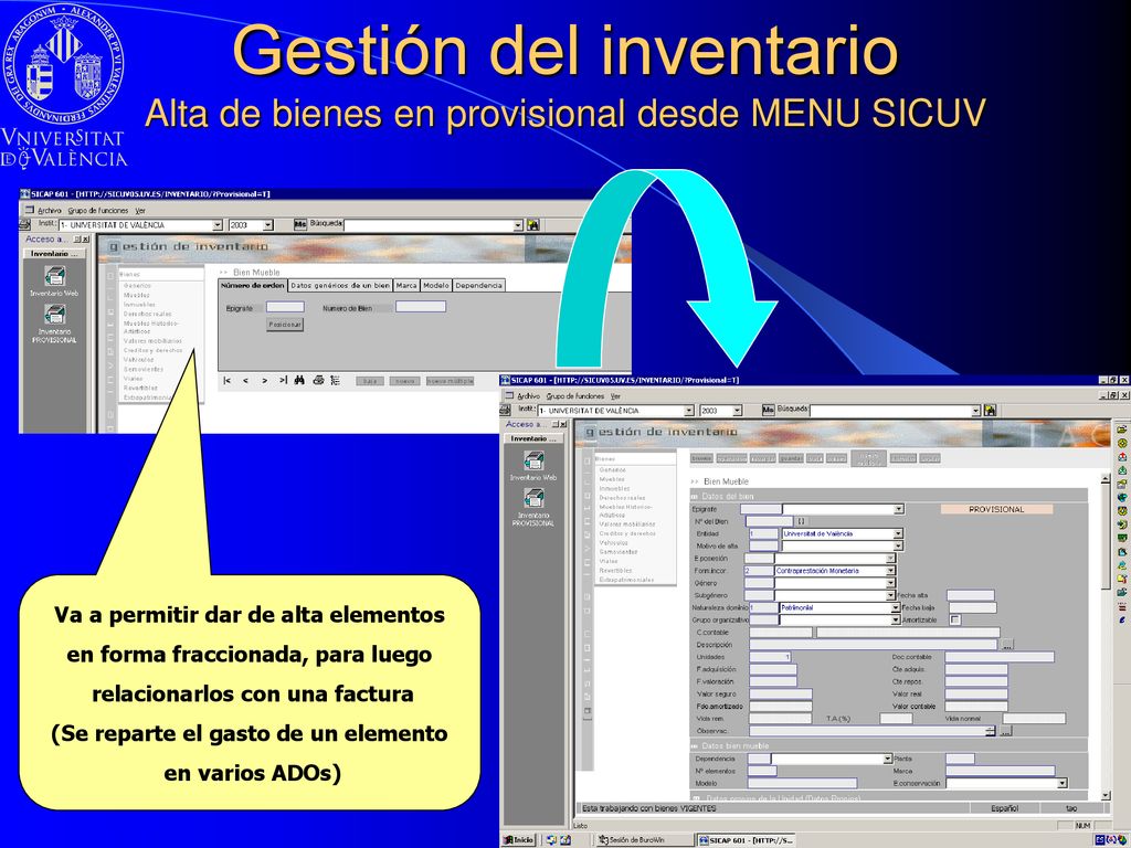 Gestión del inventario Alta de bienes en provisional desde MENU SICUV