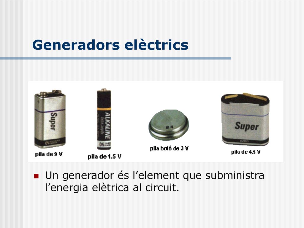 Generadors elèctrics Un generador és l’element que subministra l’energia elètrica al circuit.