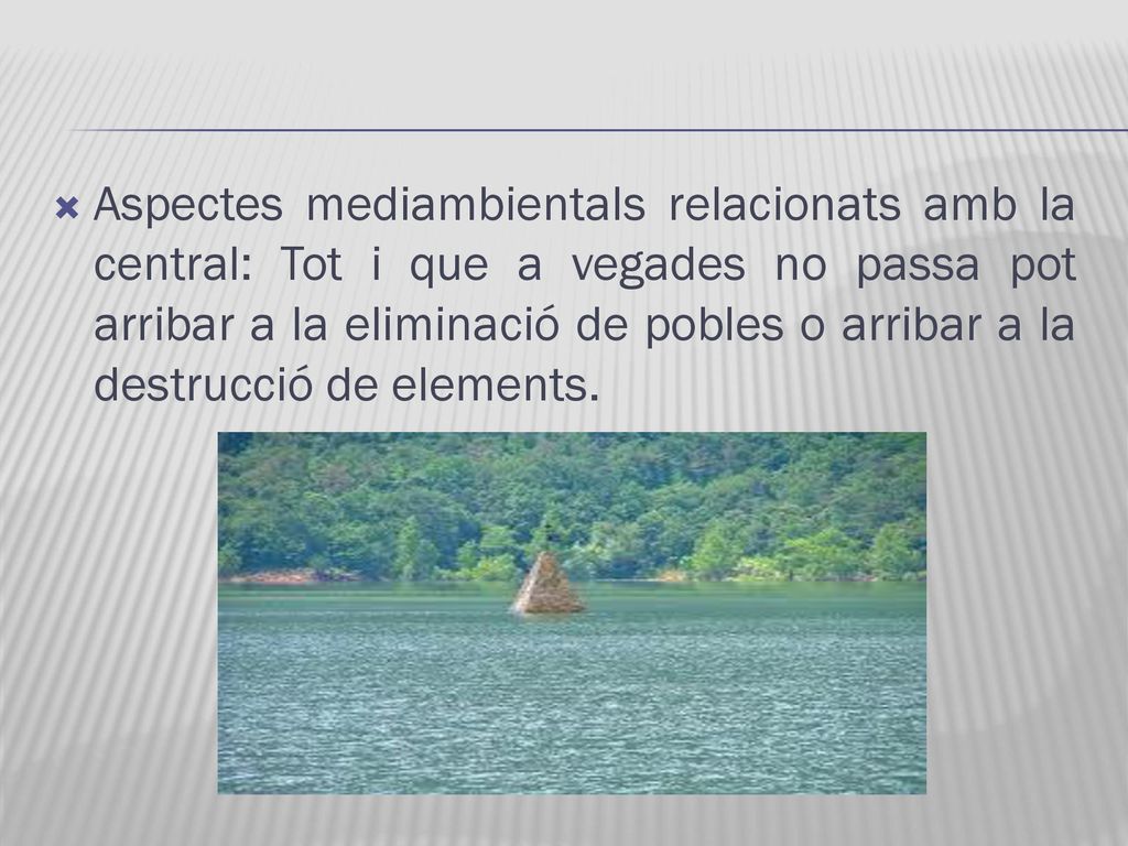 Aspectes mediambientals relacionats amb la central: Tot i que a vegades no passa pot arribar a la eliminació de pobles o arribar a la destrucció de elements.
