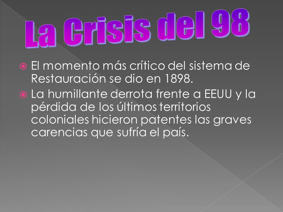 La Crisis del 98 El momento más crítico del sistema de Restauración se dio en
