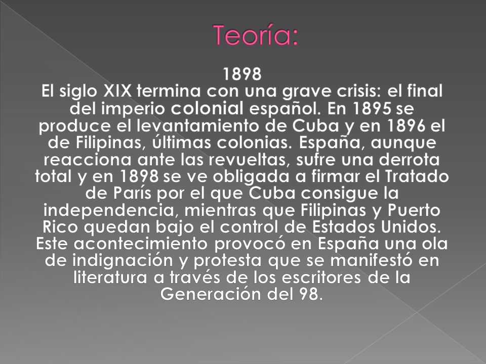 INDICE EDAD DE PLATA 1.1 Lo clasificamos en 3 grandes generaciones(1998,(1914,1927) UNAMUNO ORTEGA Y GASSET 2.1 Miguel de Unamuno 2.2 José Ortega y Gasset GENERACION DEL 98 Modernismo Generación del 98 MIGUEL DE UNAMUNO (Bilbao, Salamanca, 1936) Escritor, poeta y filósofo español, principal exponente de la Generación del 98. Entre 1880 y 1884 estudió filosofía y letras en la universidad de Madrid, Considerado como el escritor más culto de su generación, fue sobre todo un intelectual inconformista que hizo de la polémica una forma de búsqueda. y la vida como un fin en sí mismo se proyectaron en obras como NIEBLA(1919) , VIDA DE DON QUIJOTE Y SANCHO PANZA(1905) JOSÉ ORTEGA Y GASSET Filósofo y ensayista español, famoso por su crítica humanista de la civilización moderna. Nació en Madrid, en cuya universidad se doctoró en filosofía Sus obras más destacadas en esta línea son España invertebrada (1921), El tema de nuestro tiempo (1923) y su título más destacado y de mayor trascendencia, La rebelión de las masas (1930). GENERACION DEL 98 Teoría: