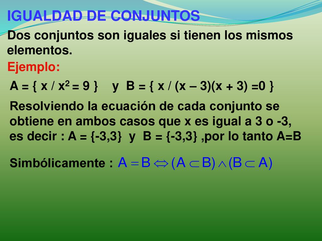 IGUALDAD DE CONJUNTOS Dos conjuntos son iguales si tienen los mismos elementos. Ejemplo: A = { x / x2 = 9 } y B = { x / (x – 3)(x + 3) =0 }