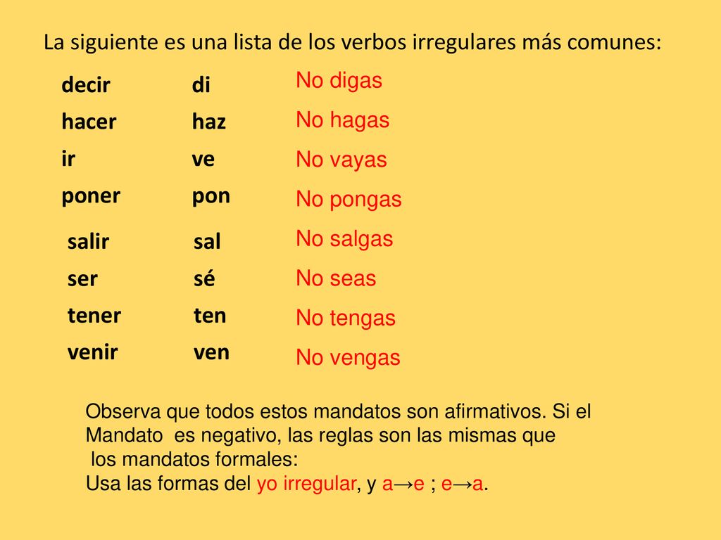 La siguiente es una lista de los verbos irregulares más comunes: