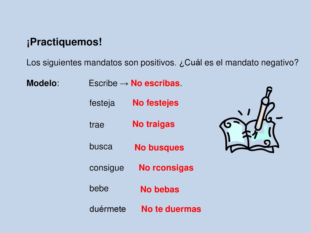 ¡Practiquemos! Los siguientes mandatos son positivos. ¿Cuál es el mandato negativo Modelo: Escribe → No escribas.