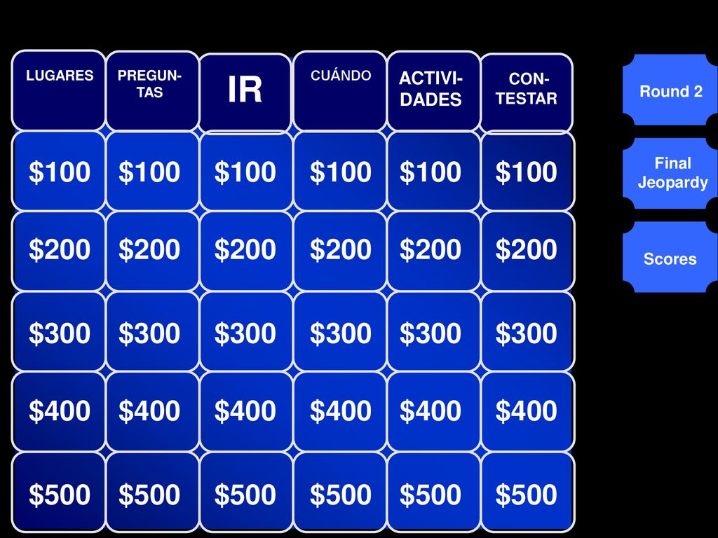 LUGARES PREGUN-TAS. IR. CUÁNDO. ACTIVI-DADES. CON-TESTAR. Round 2. $100. $100. $100. $100.