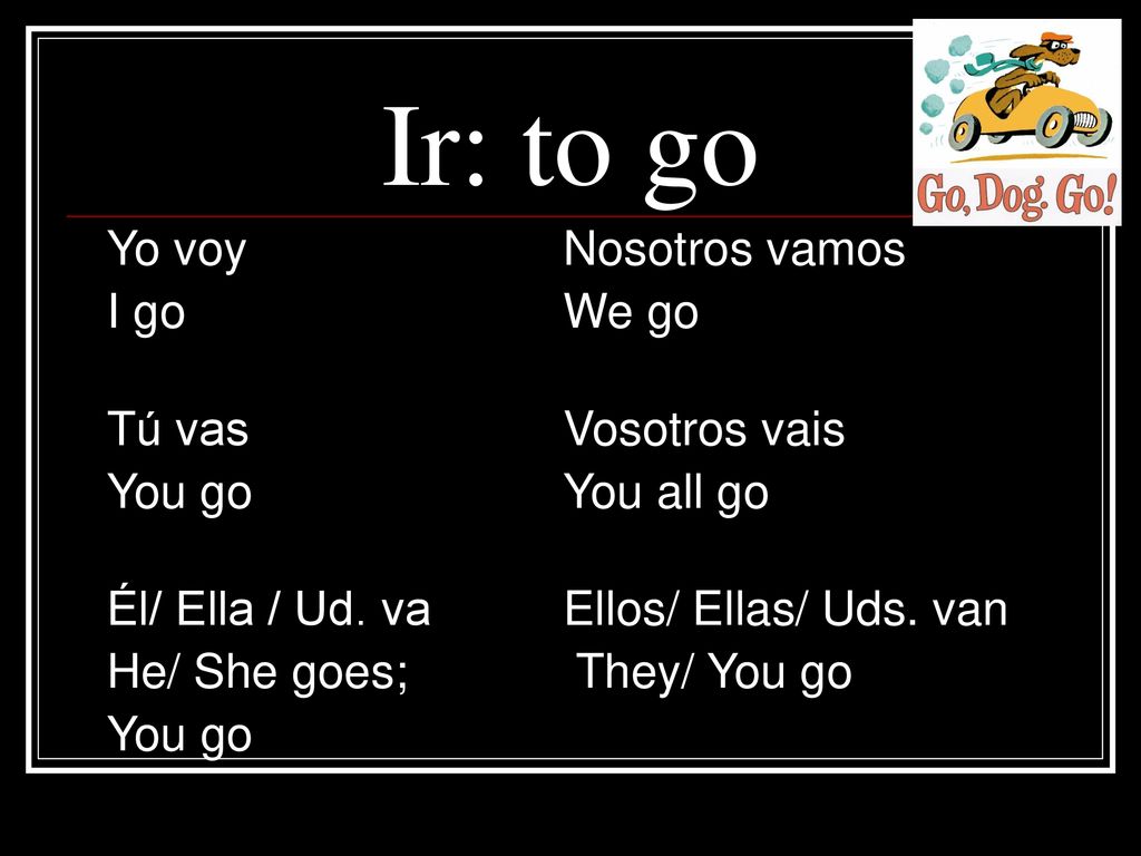 Ir: to go Yo voy Nosotros vamos I go We go Tú vas Vosotros vais
