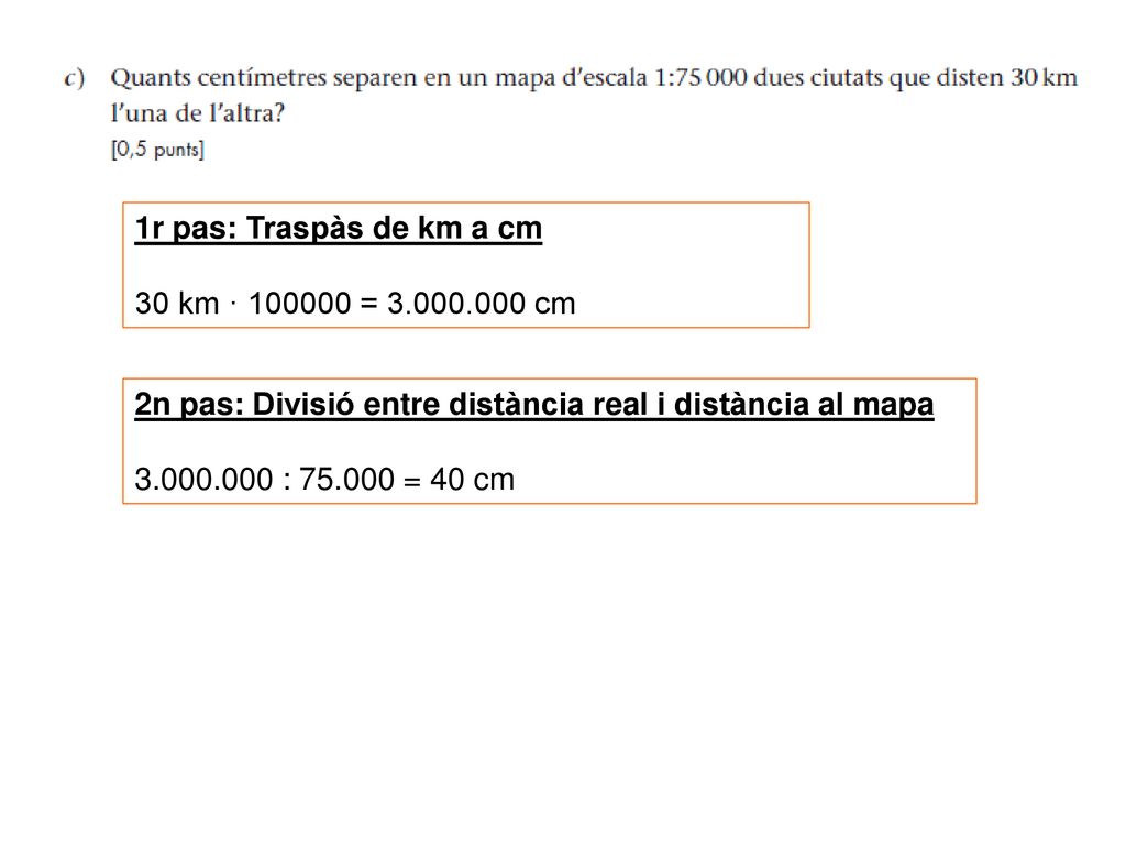 1r pas: Traspàs de km a cm 30 km · = cm. 2n pas: Divisió entre distància real i distància al mapa.