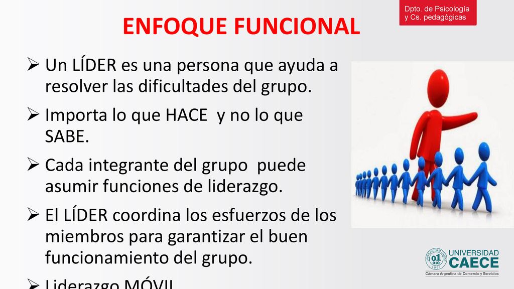 ENFOQUE FUNCIONAL Dpto. de Psicología. y Cs. pedagógicas. Un LÍDER es una persona que ayuda a resolver las dificultades del grupo.