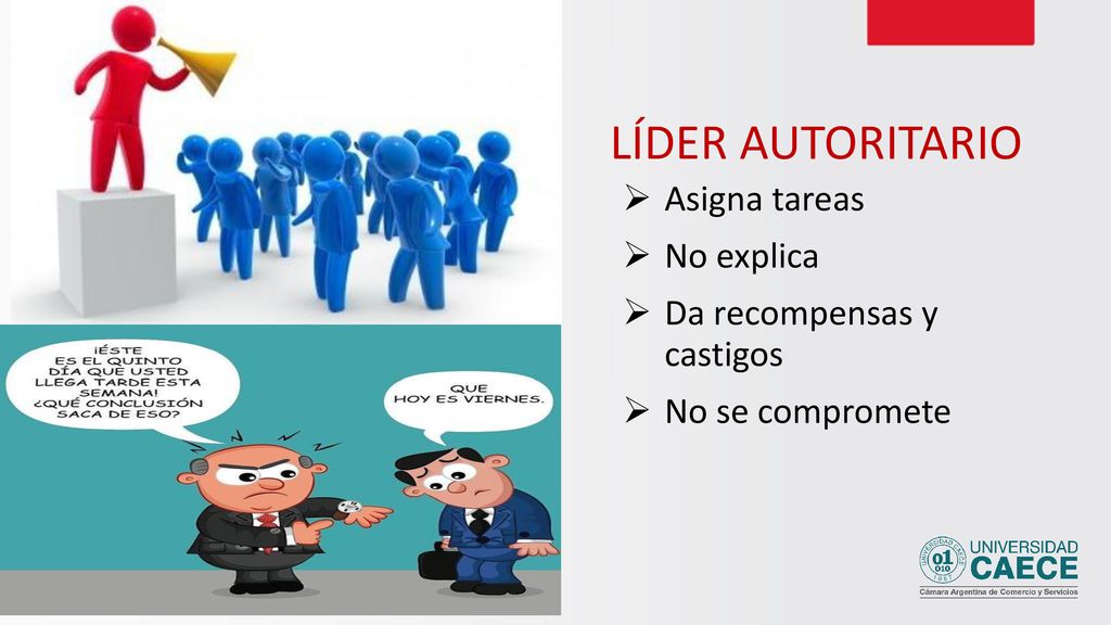 LÍDER AUTORITARIO Asigna tareas No explica Da recompensas y castigos